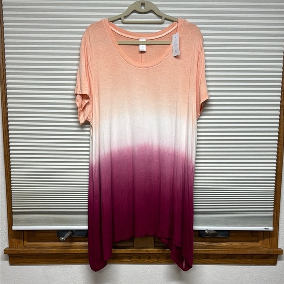 LIVI NWT Ombre Gradient Peach White Pink Asymmetrical Hem Short Sleeve Top - Picture 1 of 7
